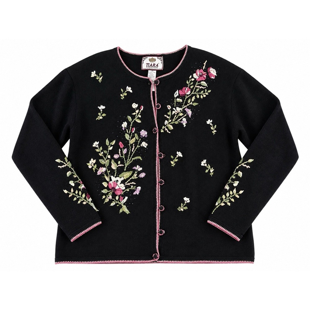 Tiara International Cardigan Black Sweater Embroidered Floral Medium Cottagecore